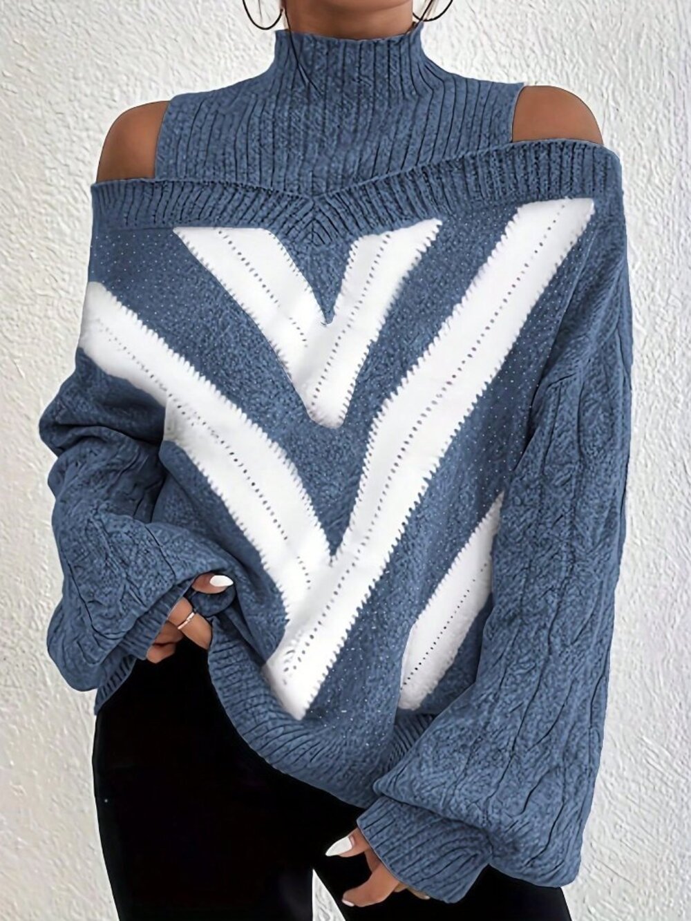 Blue Casual Women's Plus Size Open Shoulder High Collar Cable Knit Sweater
